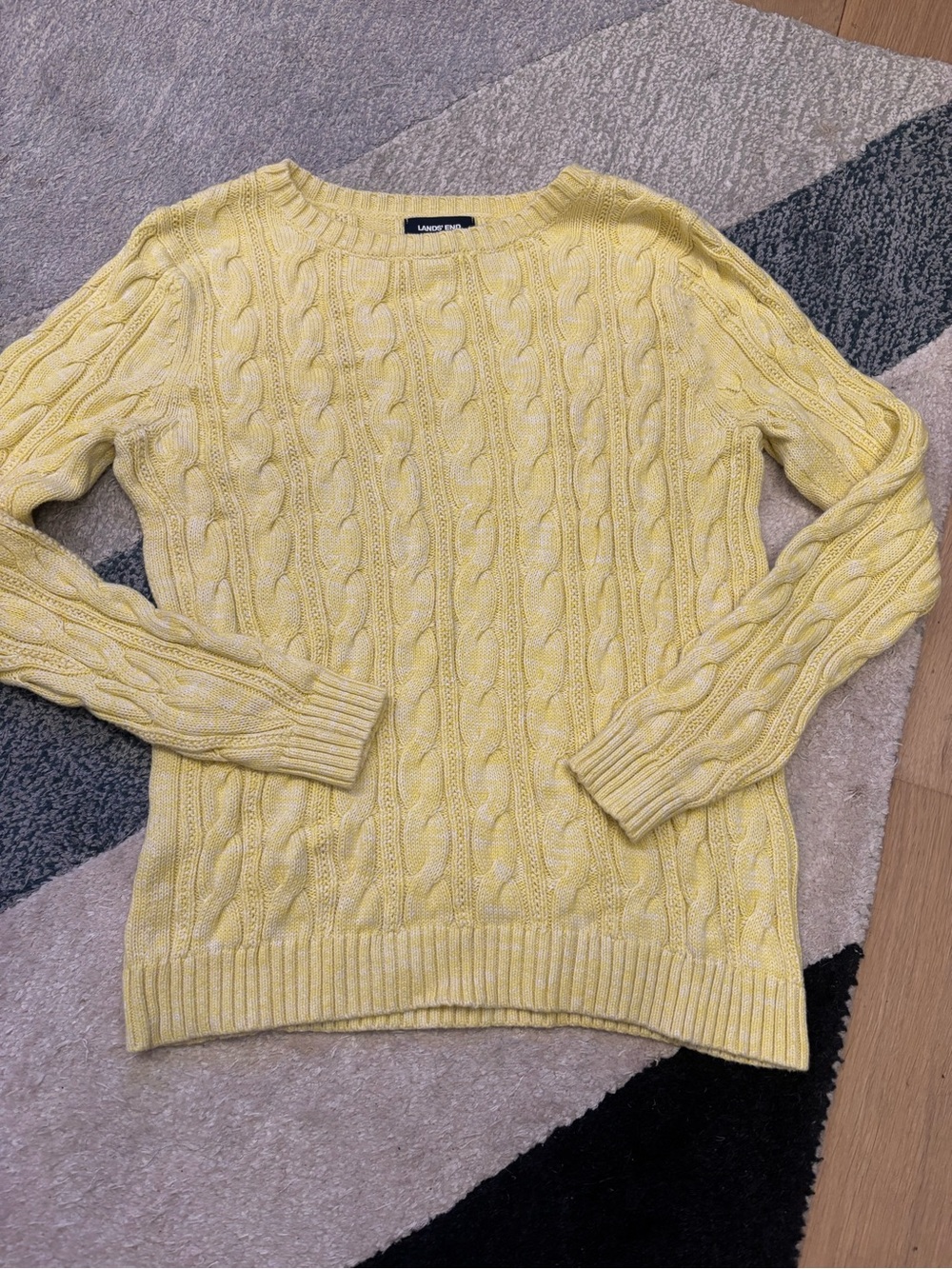 Lands End Cable Knit Sweater 100% Cotton Yellow Womens Size M Crew Neck
